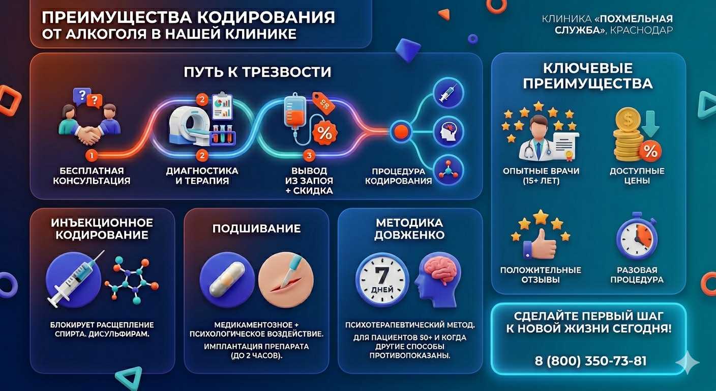 Инфографика о методах кодирования от алкоголя в Кудрово: инъекции, подшивание, метод Довженко. Преимущества клиники и этапы лечения.