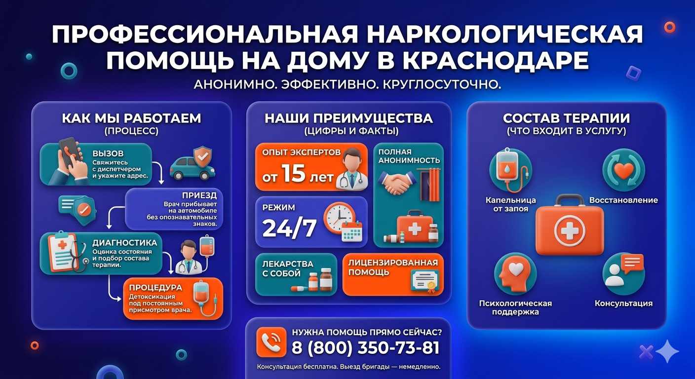 Инфографика о принципах лечения алкоголизма на дому в Кудрово: этапы вызова нарколога, преимущества анонимной детоксикации и состав медицинской помощи.